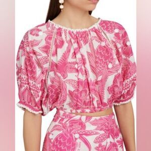 FARM RIO Tropical Woodcut cropped top Size M‎ in Pink/White NWT